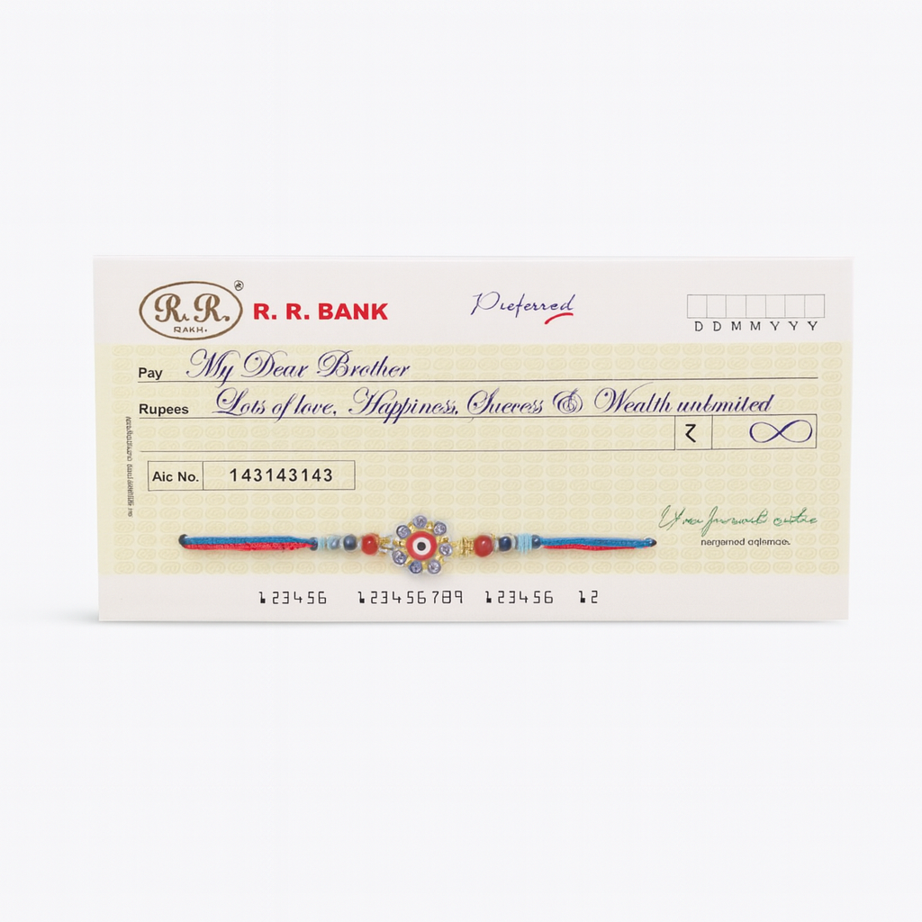 Cheque Themed Rakhi with Evil Eye