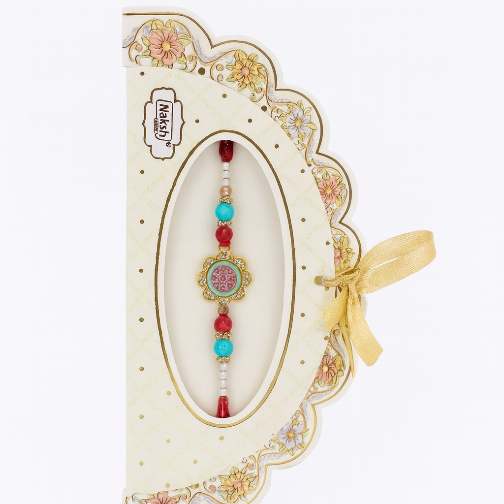 Floral Beaded Rakhi with Turquoise and Red Accents