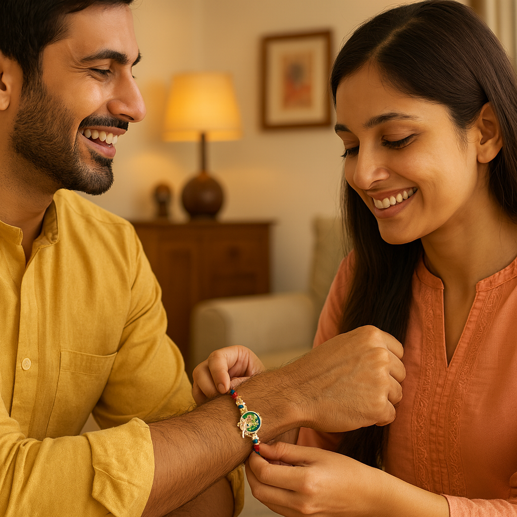 Cheque Themed Rakhi with Peacock Motif image