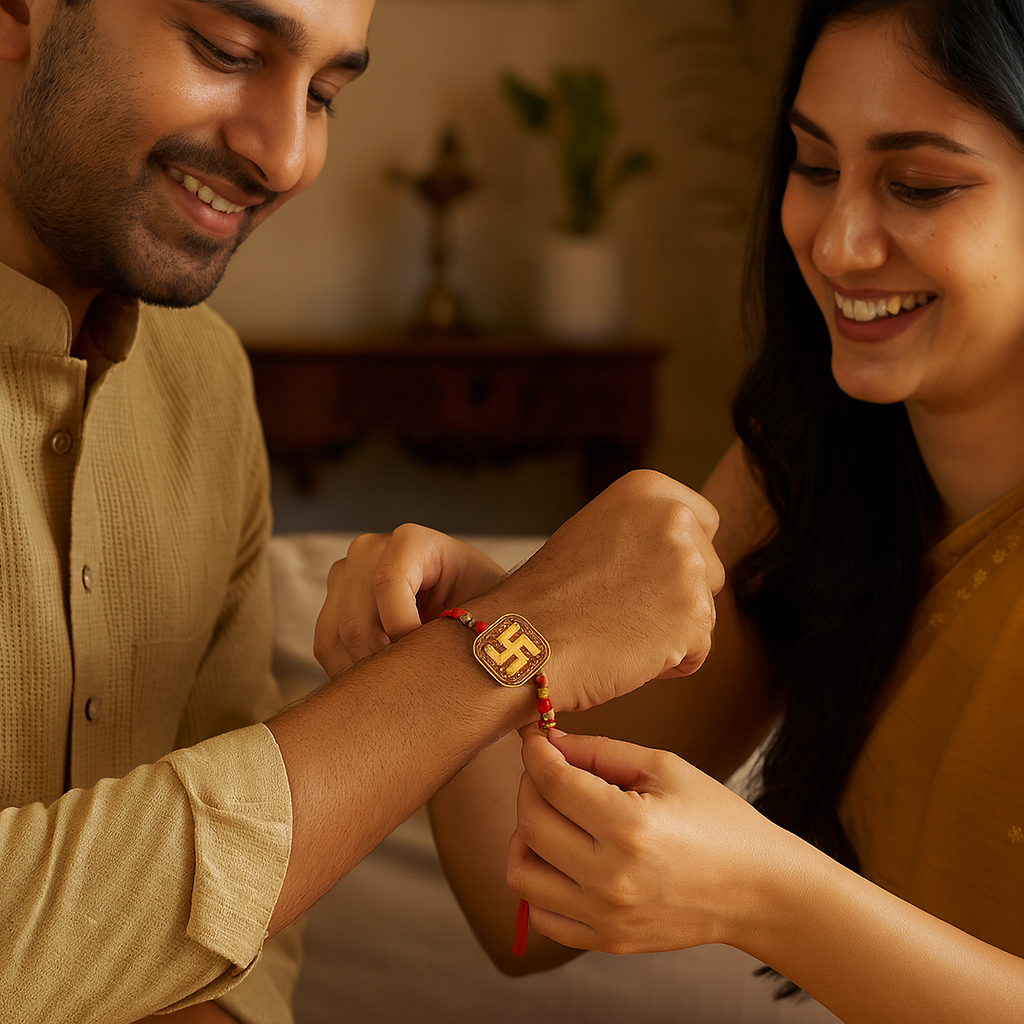 Swastik Rakhi with Red Thread image