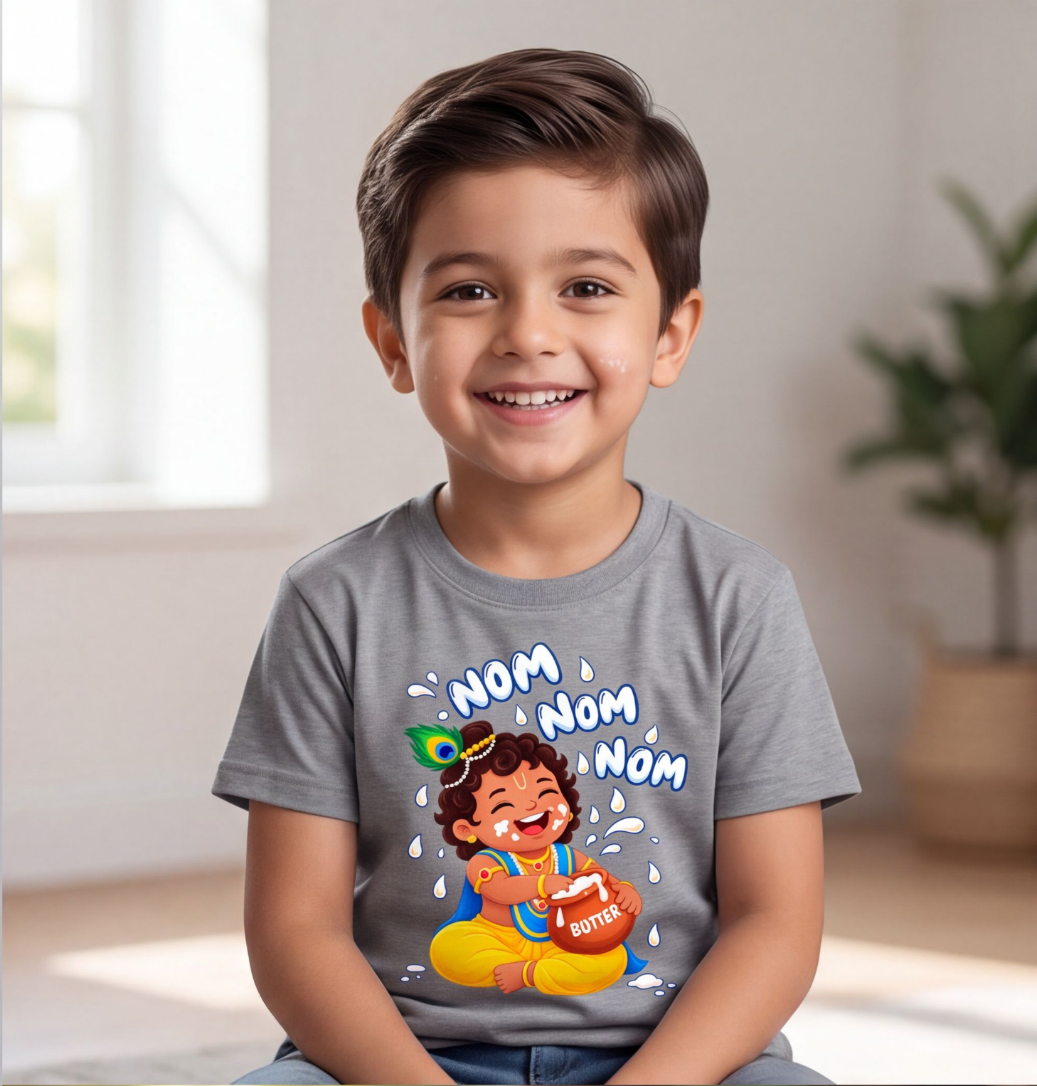Grey Cotton T-Shirt With Cute Baby Krishna Design image