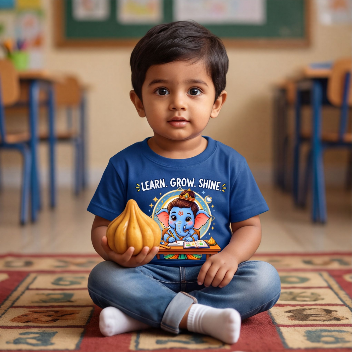 Kids Blue T-Shirt With Cute Lord Ganesha Design image