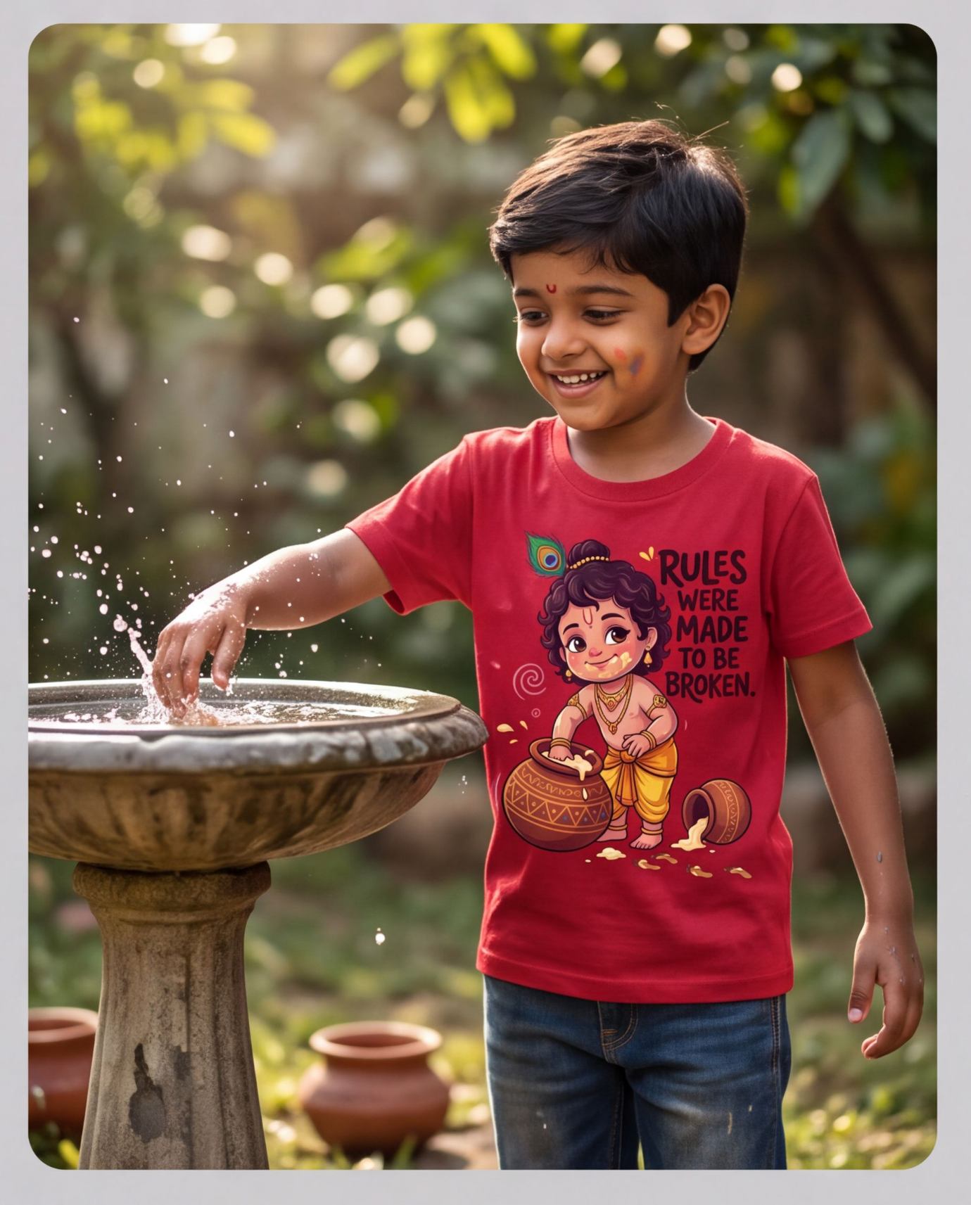 Kids Red Krishna T-Shirt With Playful Design image