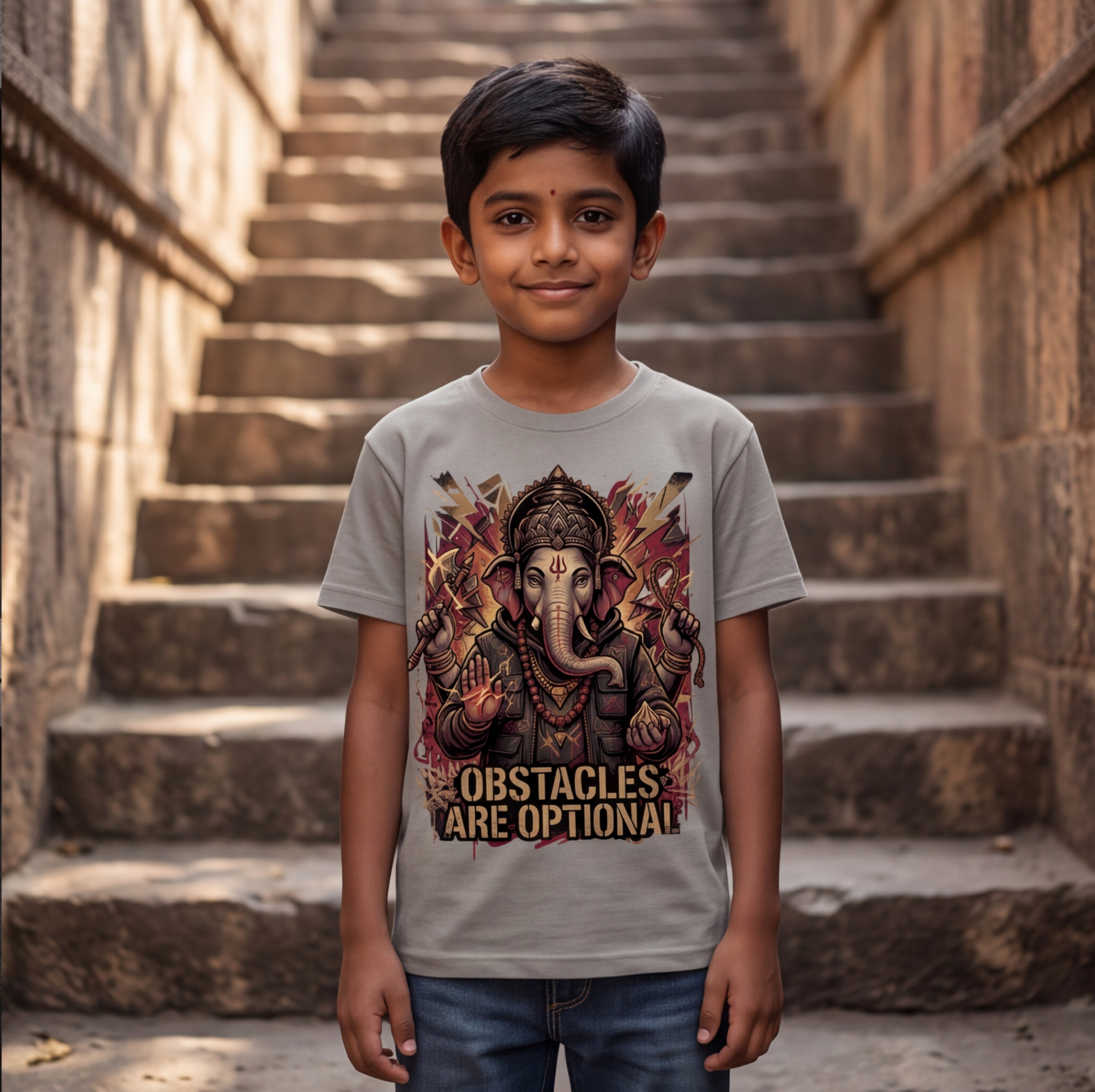 Grey T-Shirt With Lord Ganesha Graphic Print image