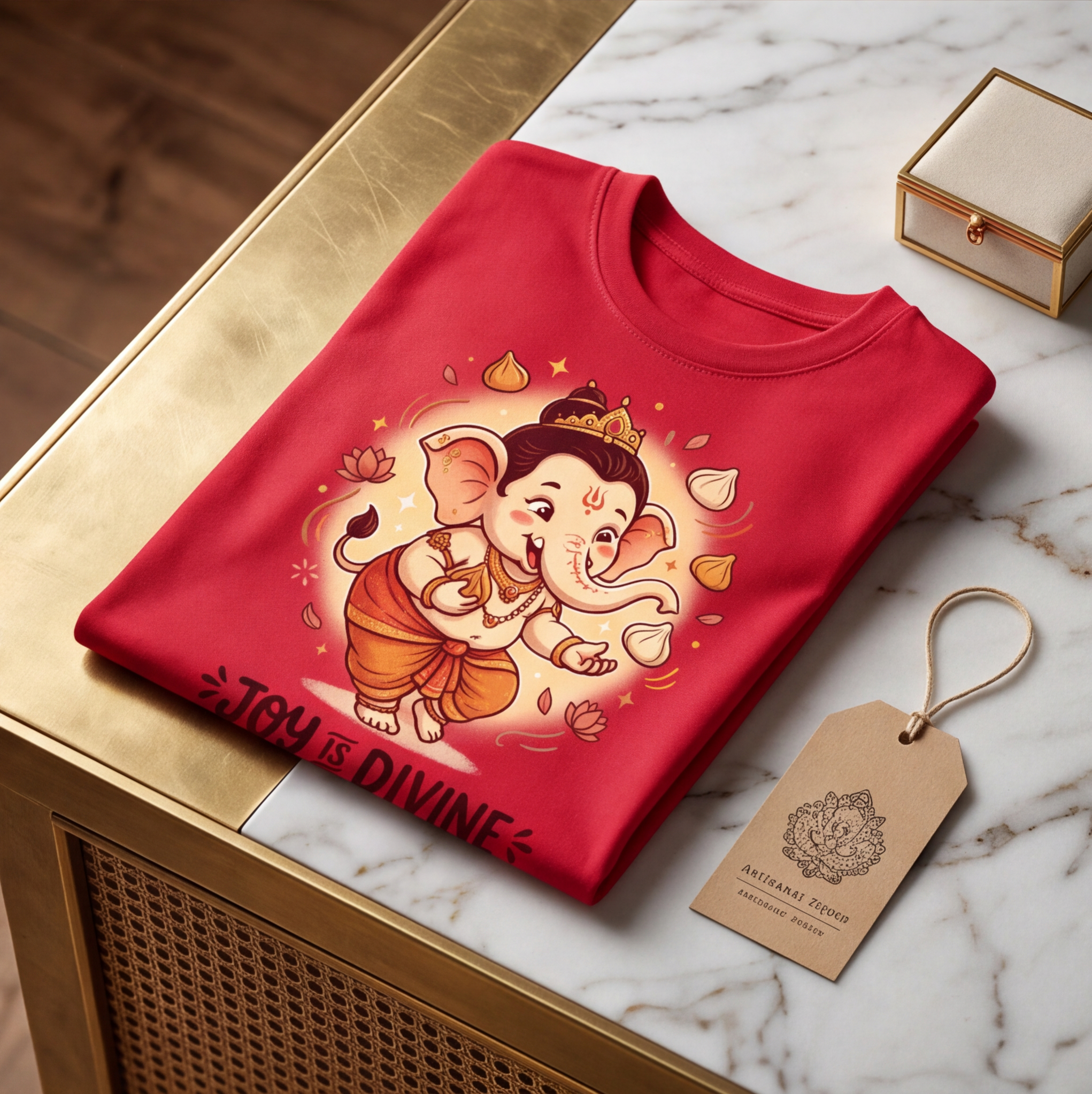 Red Kids T-Shirt With Cartoon Lord Ganesha Print image
