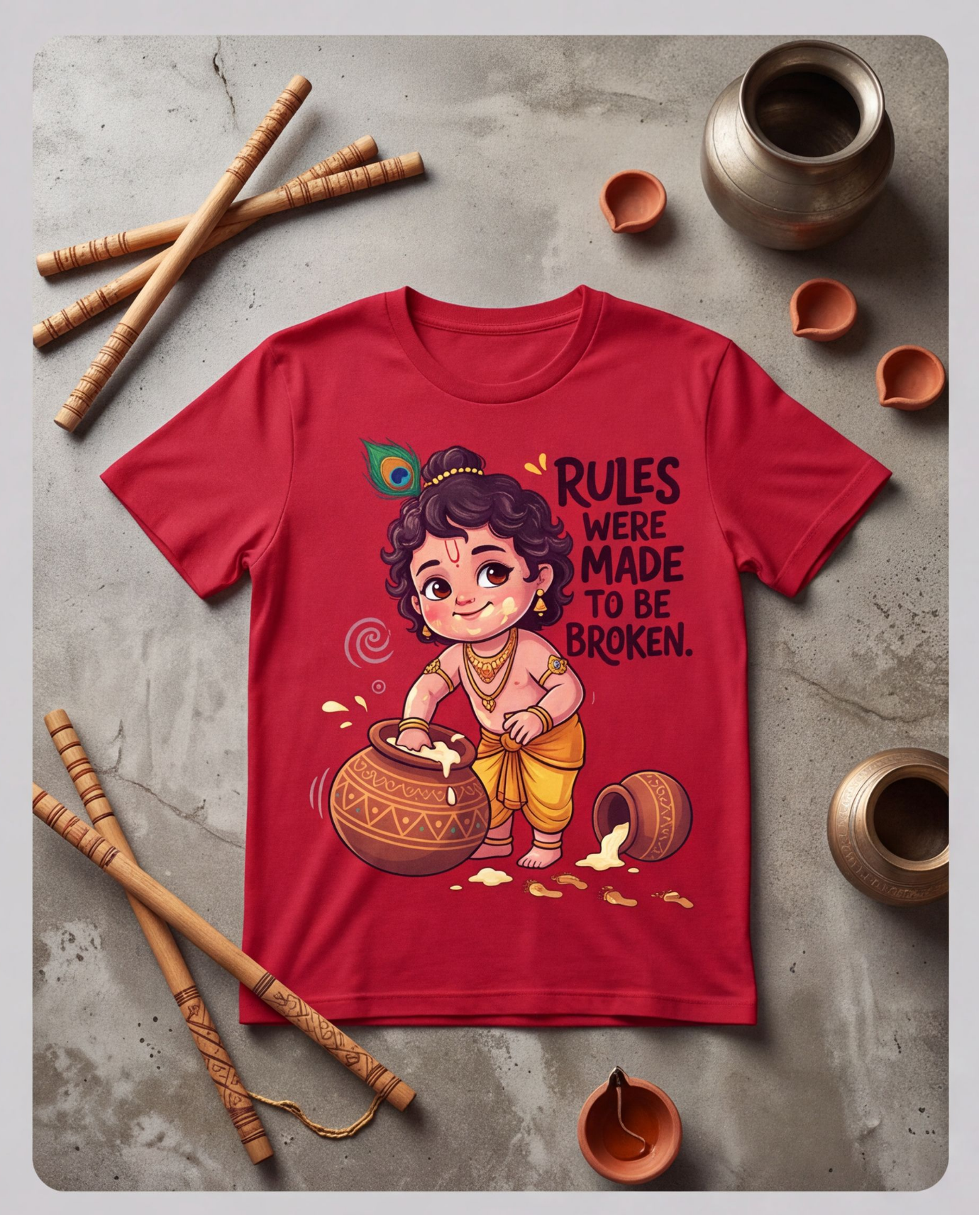Kids Red Krishna T-Shirt With Playful Design image