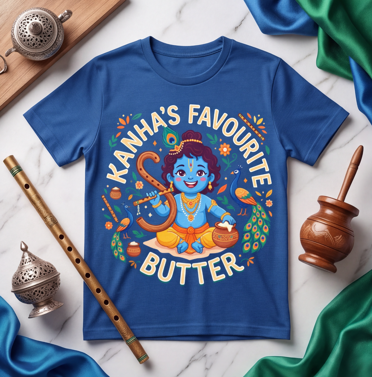 Blue Cotton Krishna Graphic T-Shirt image