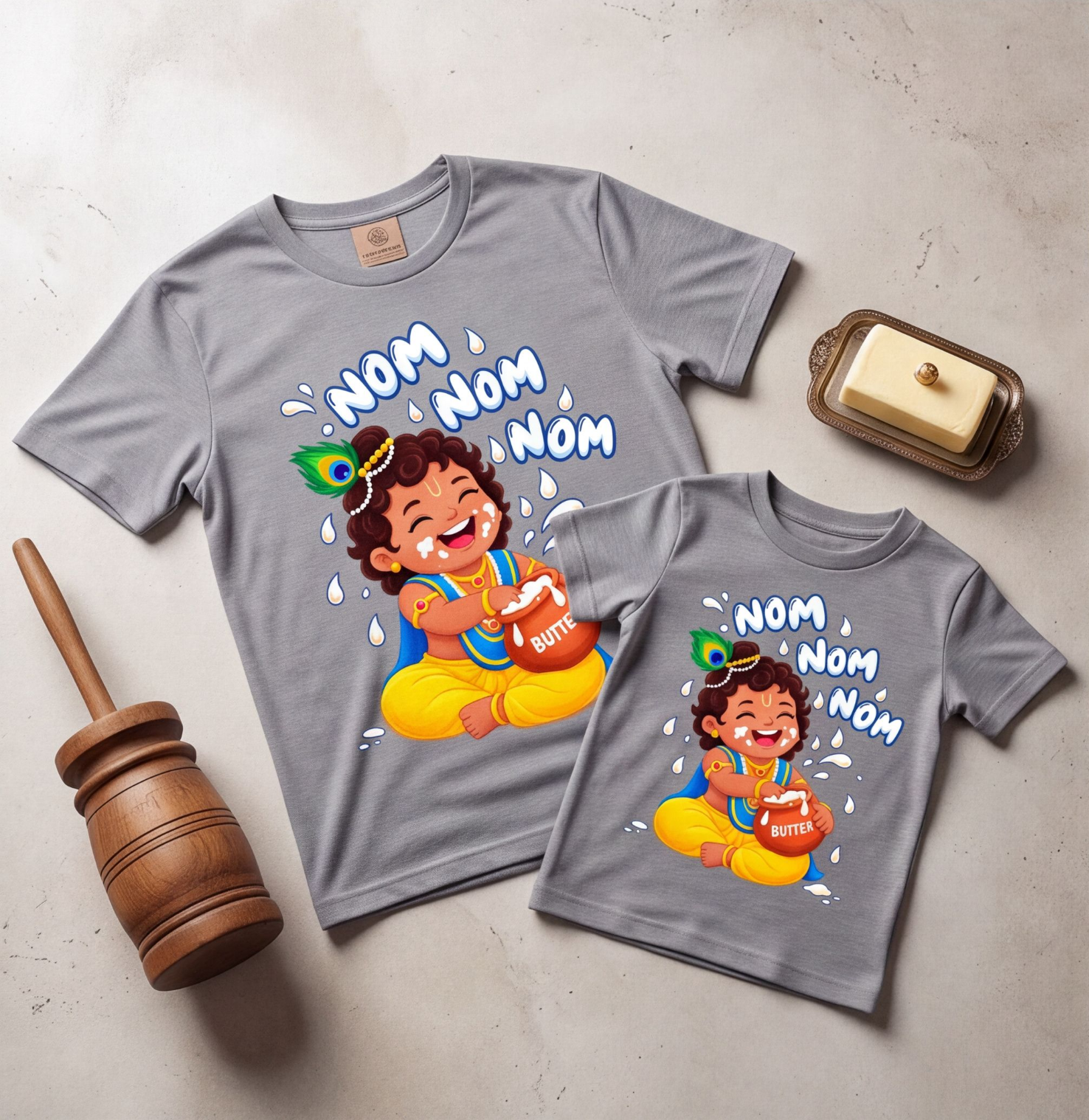 Grey Cotton T-Shirt With Cute Baby Krishna Design image