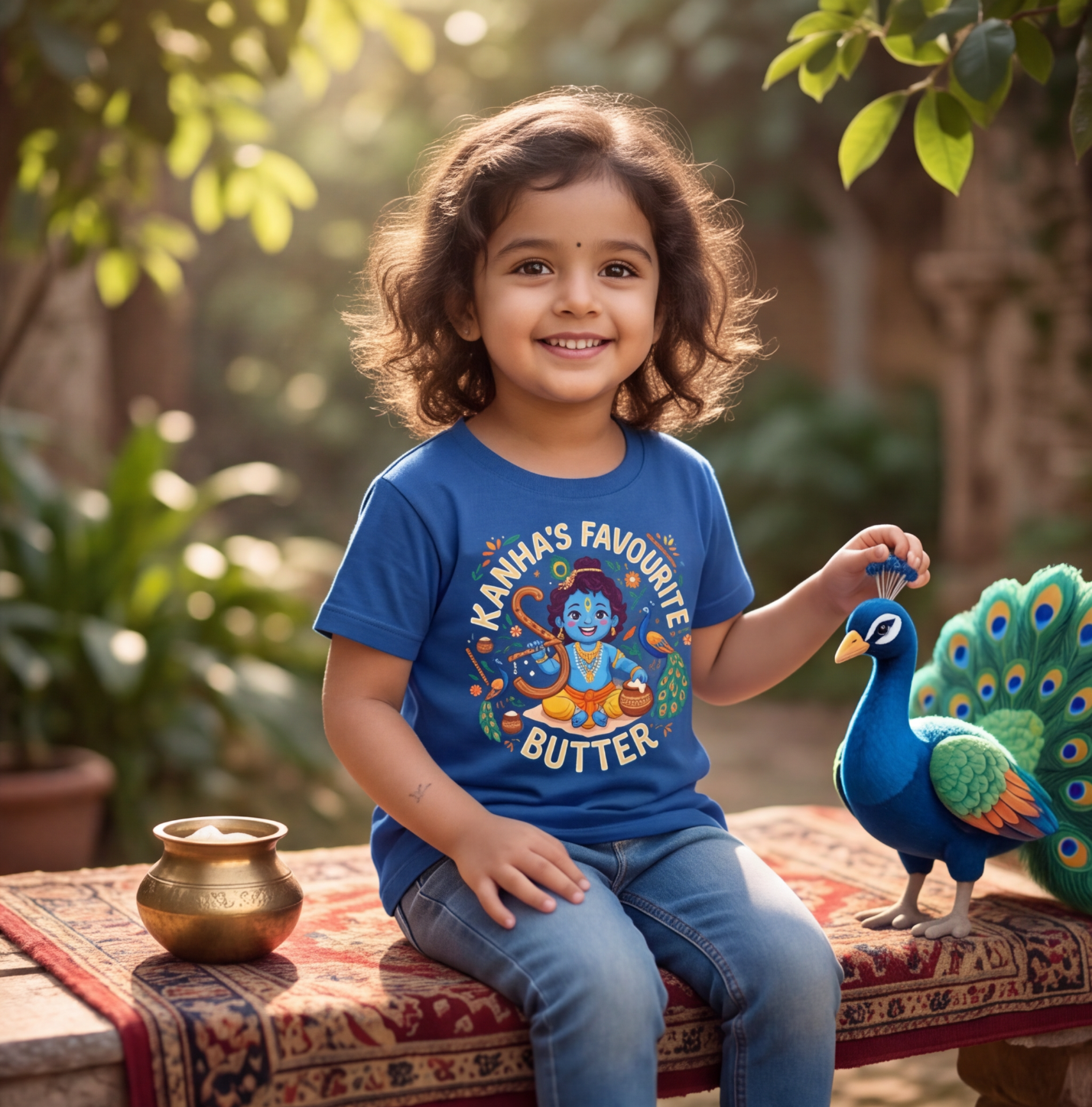 Blue Cotton Krishna Graphic T-Shirt image