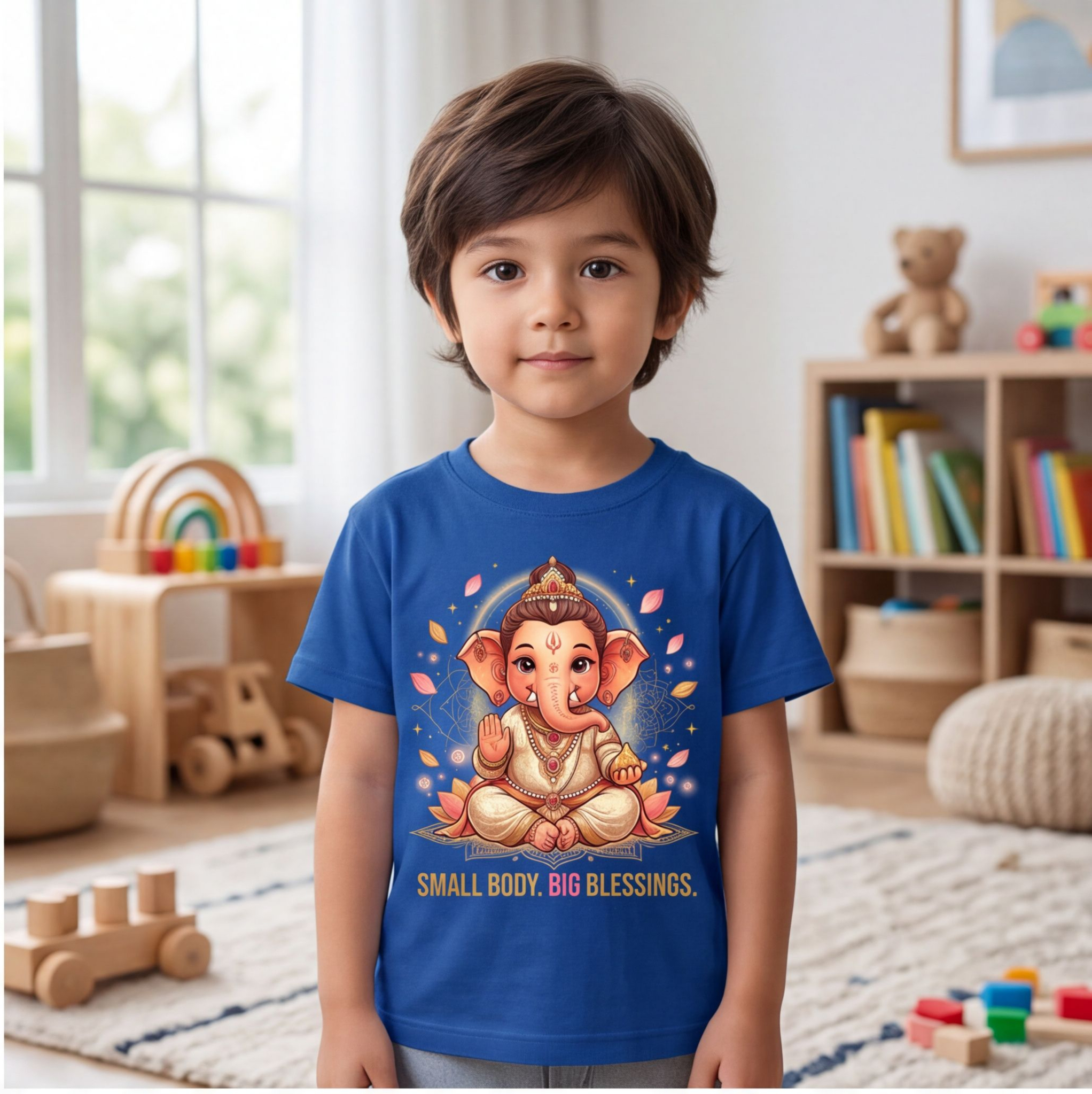 Blue Kids T-Shirt With Cute Lord Ganesha Print image