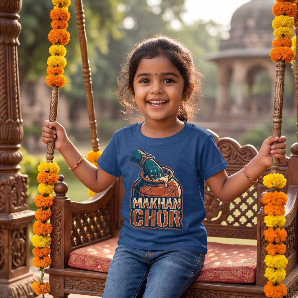 Blue Cotton T-Shirt With Makhan Chor Graphic image