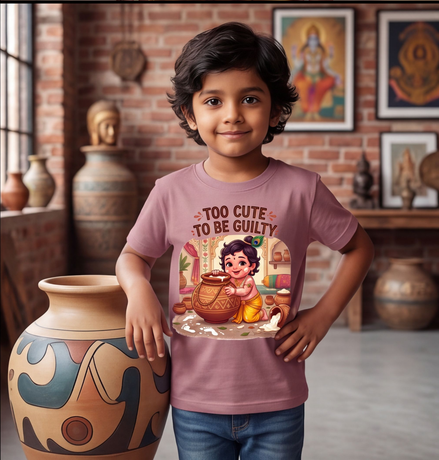 Kids T-Shirt With Cute Krishna Design image
