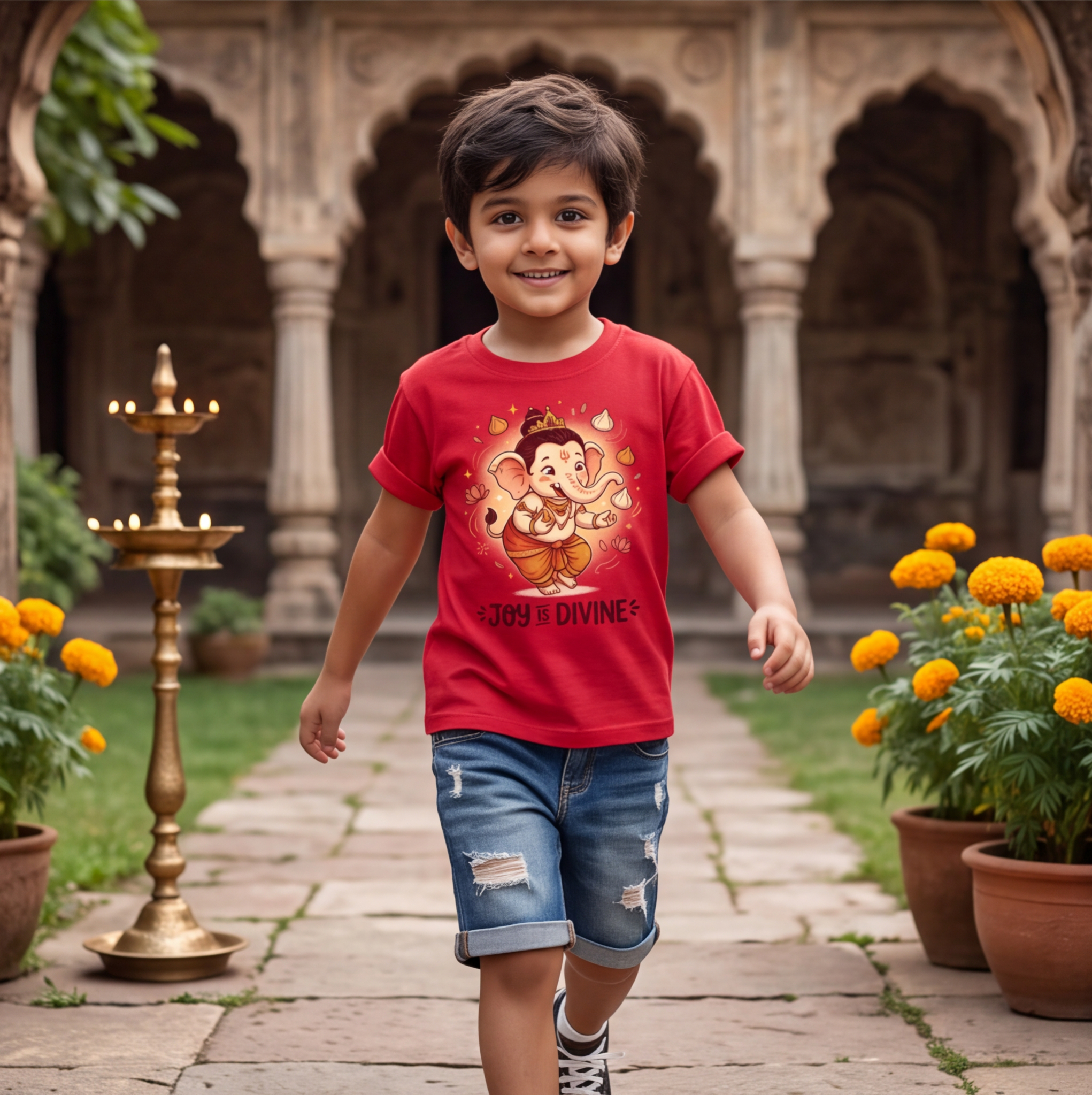 Red Kids T-Shirt With Cartoon Lord Ganesha Print image
