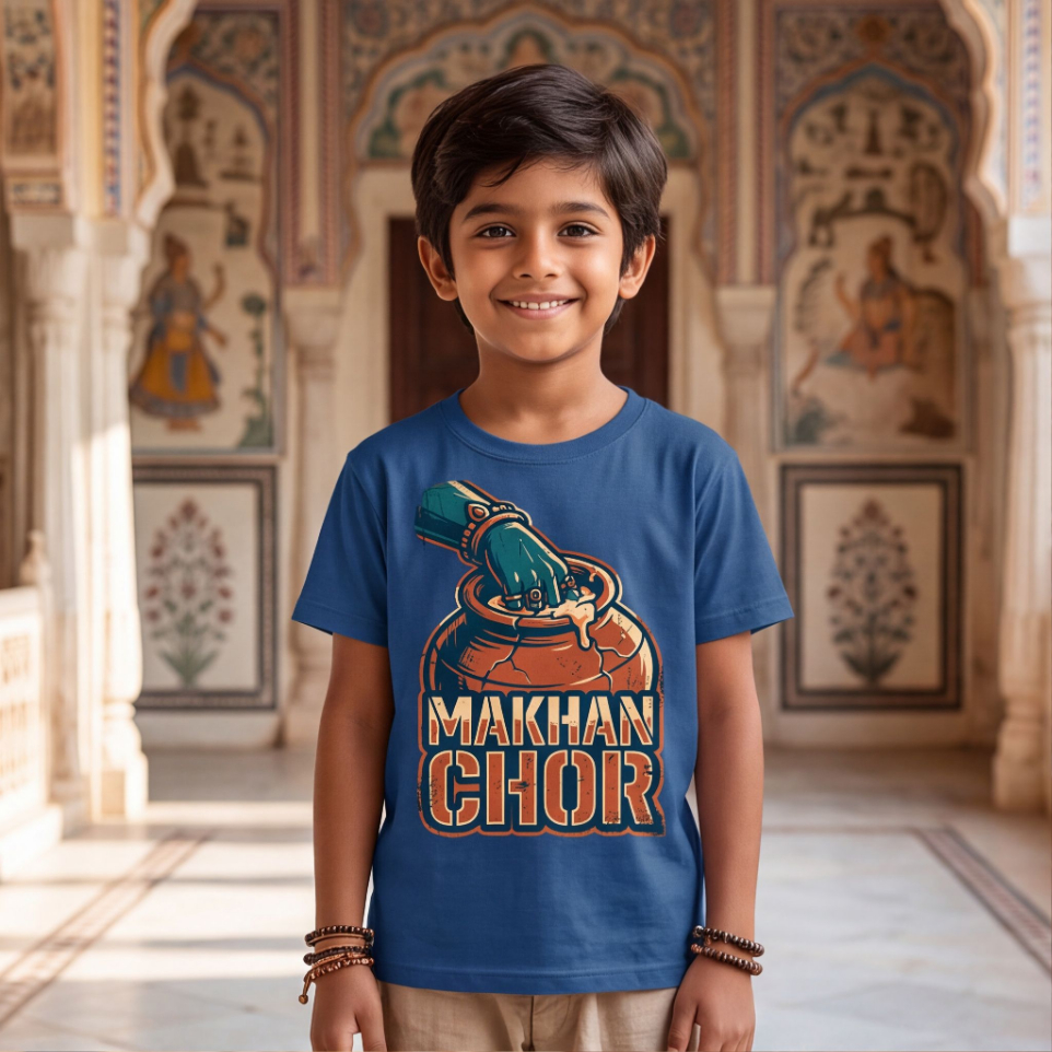 Blue Cotton T-Shirt With Makhan Chor Graphic image