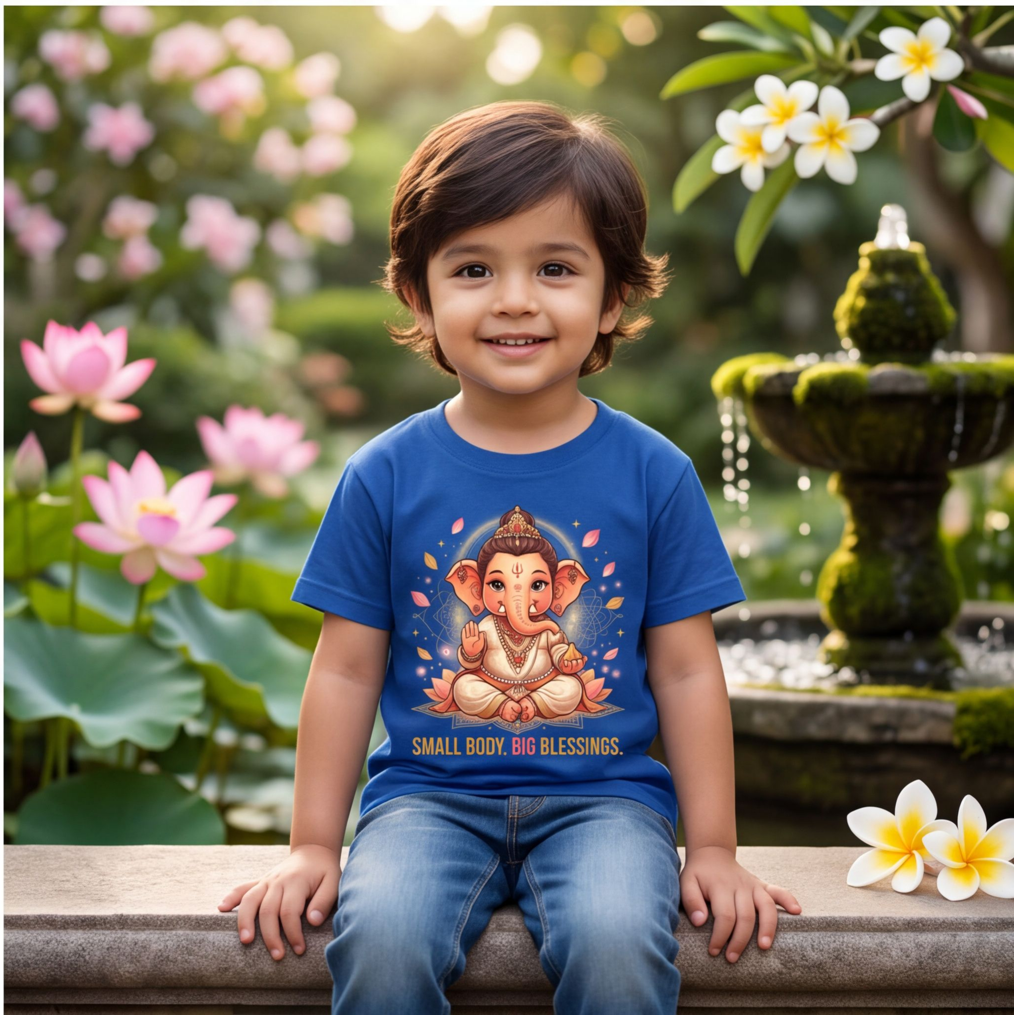 Blue Kids T-Shirt With Cute Lord Ganesha Print image