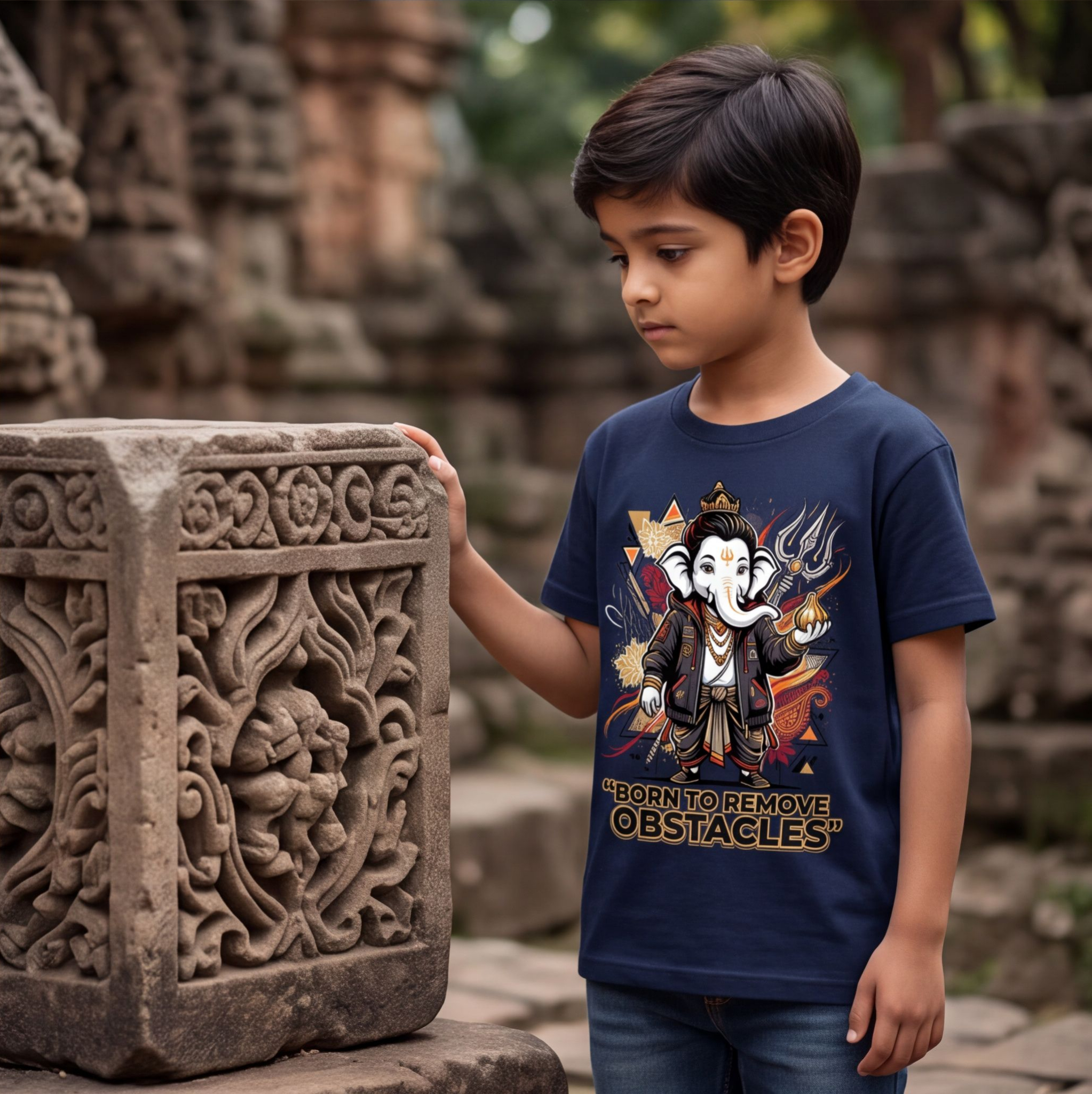Navy Blue Lord Ganesha Graphic Cotton T-Shirt image