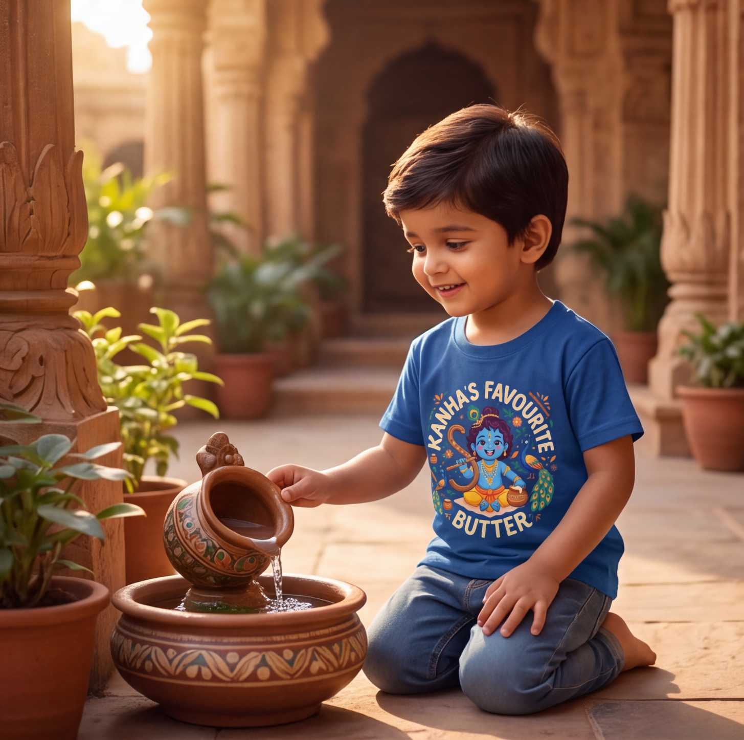 Blue Cotton Krishna Graphic T-Shirt image