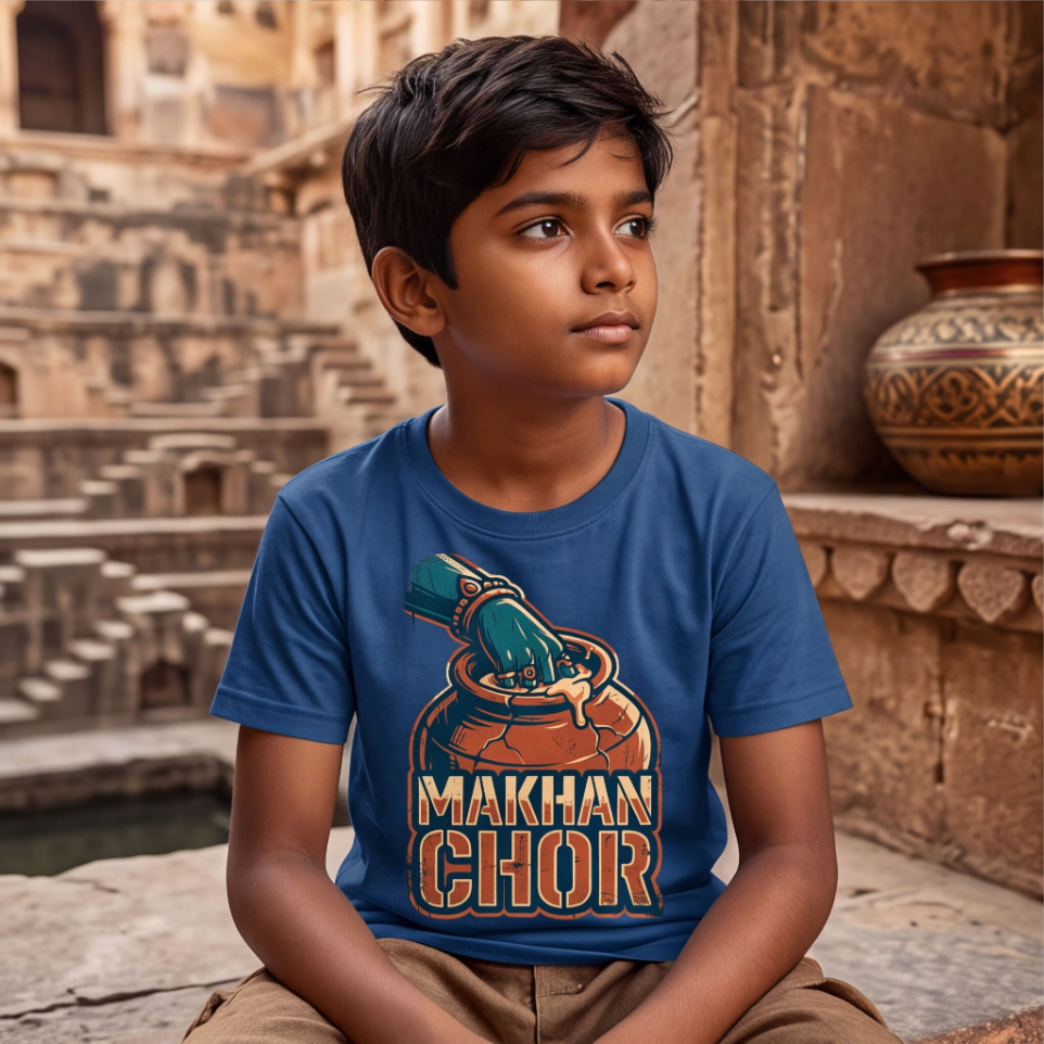 Blue Cotton T-Shirt With Makhan Chor Graphic image