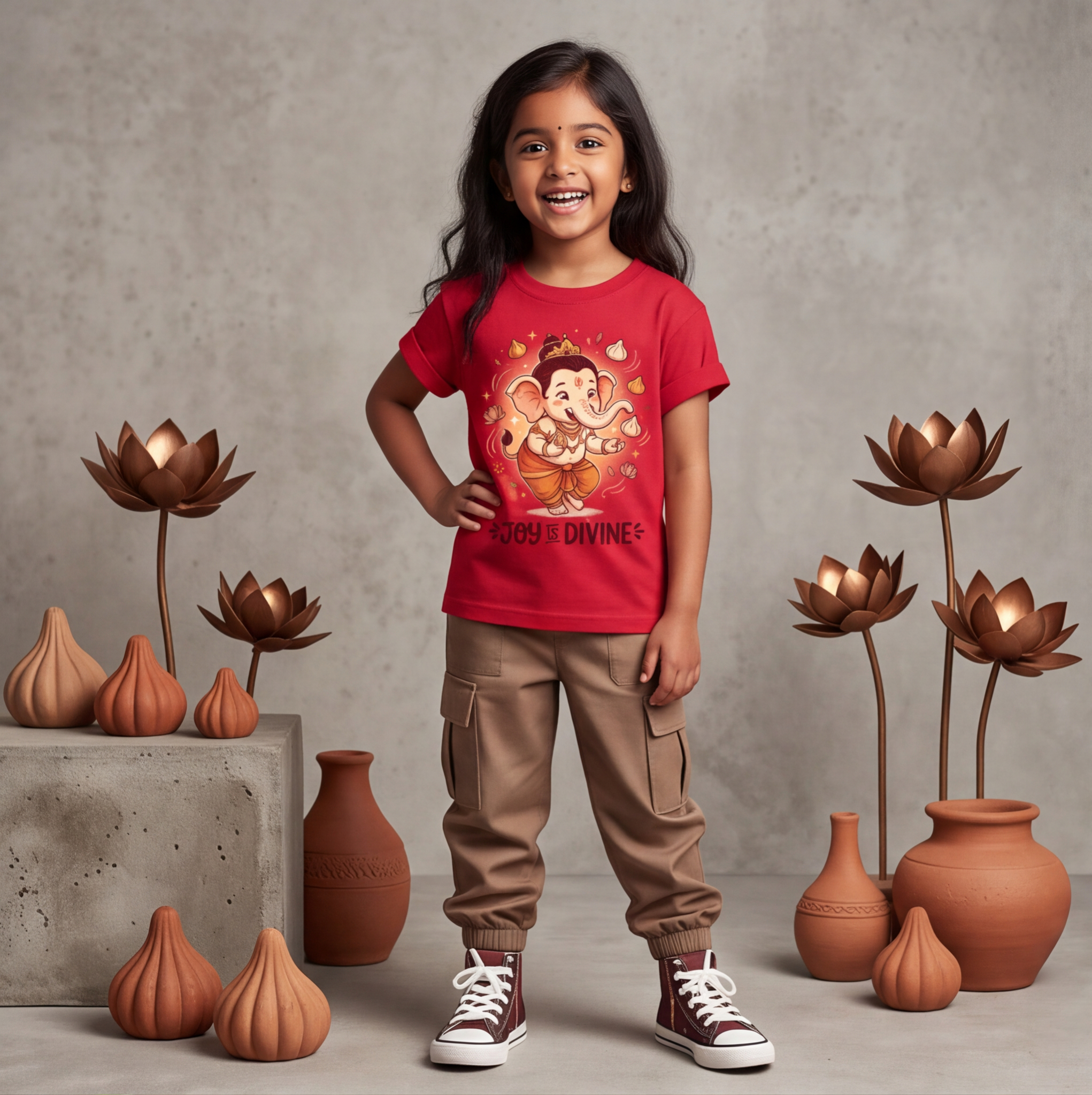 Red Kids T-Shirt With Cartoon Lord Ganesha Print image