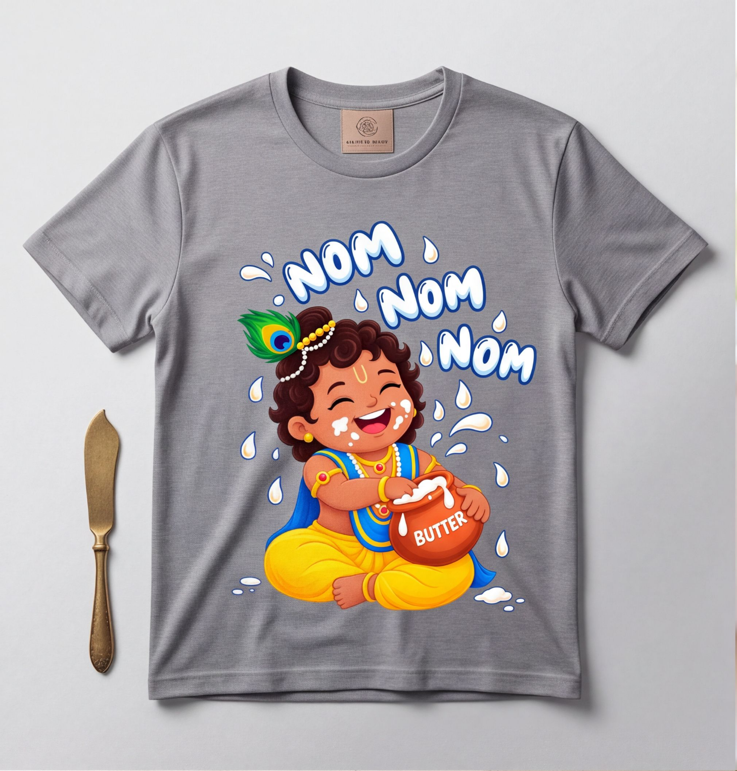 Grey Cotton T-Shirt With Cute Baby Krishna Design