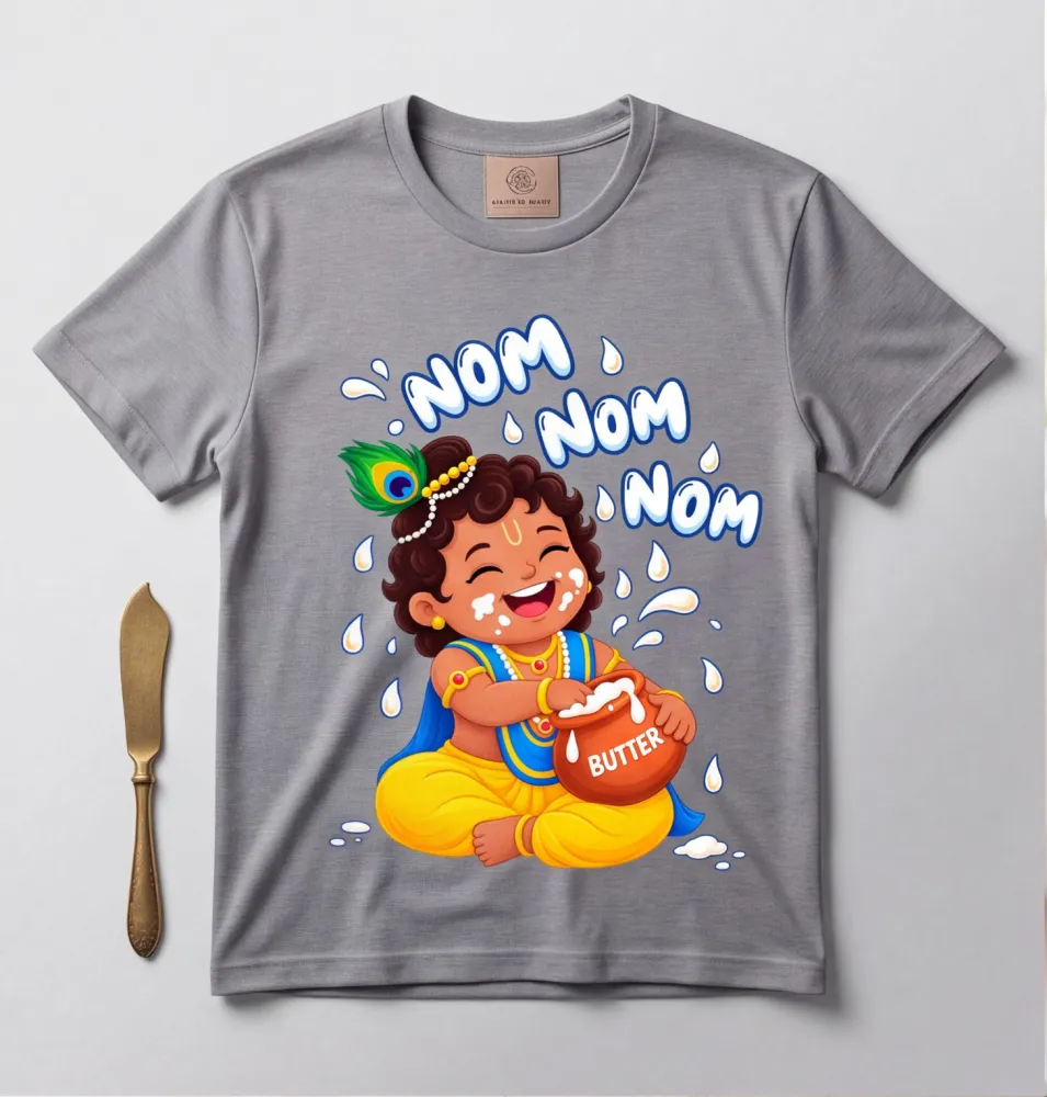 Grey Cotton T-Shirt With Cute Baby Krishna Design