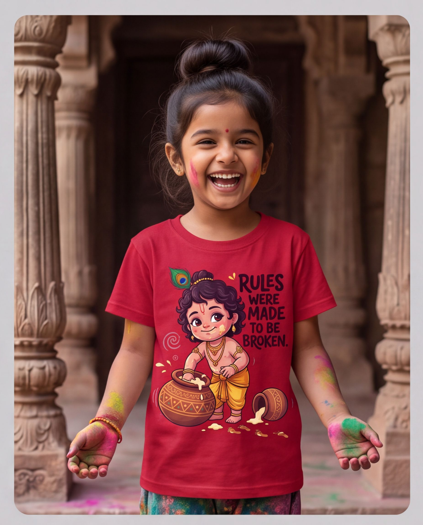 Kids Red Krishna T-Shirt With Playful Design image