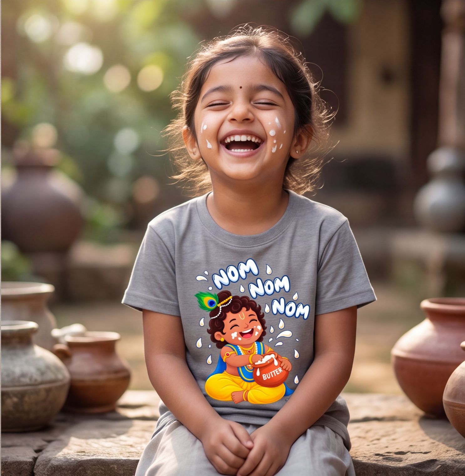 Grey Cotton T-Shirt With Cute Baby Krishna Design image