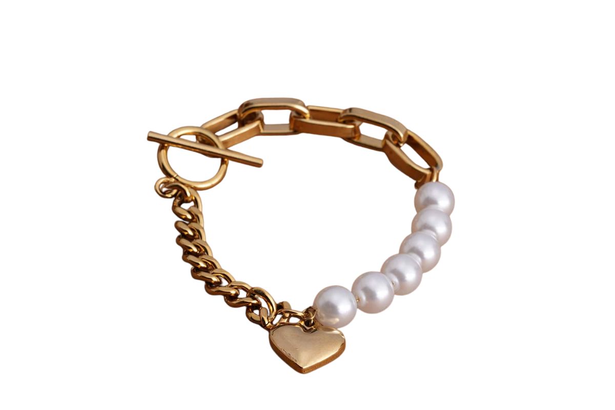 Pearl & Chain Link Heart Bracelet