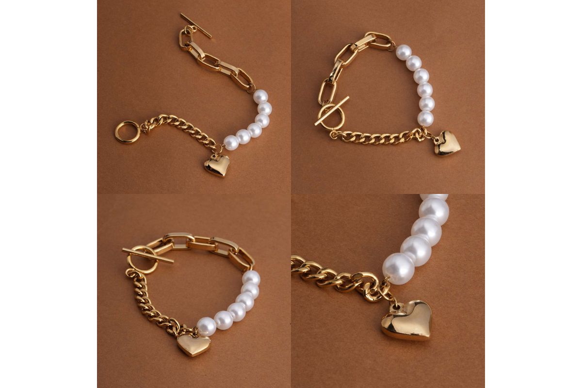 Pearl & Chain Link Heart Bracelet image