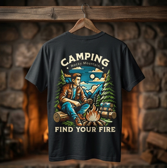 Unisex Black Camping Fire T-Shirt