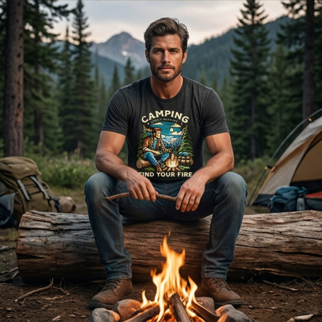 Unisex Black Camping Fire T-Shirt image