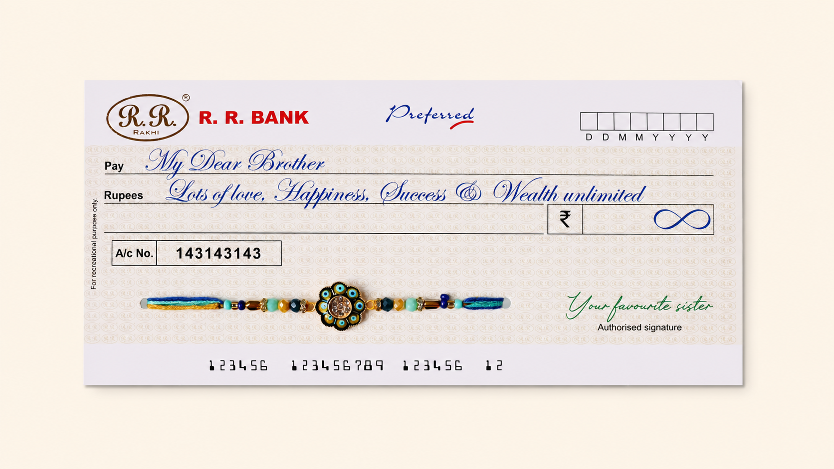 Cheque Themed Rakhi with Evil Eye
