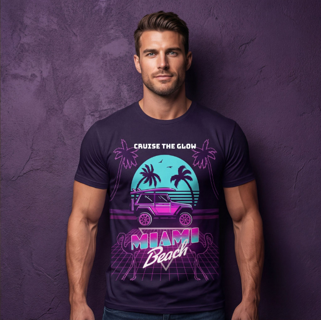 Cruise the Glow-Miami | Unisex Heavy Cotton Graphic T-Shirt image