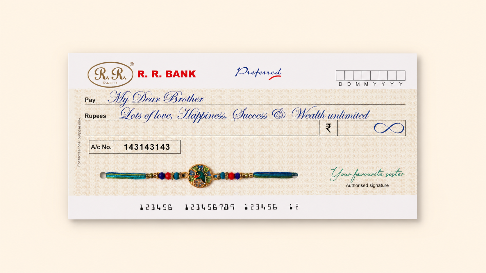 Cheque Themed Peacock Rakhi with Multi-Colored Thread