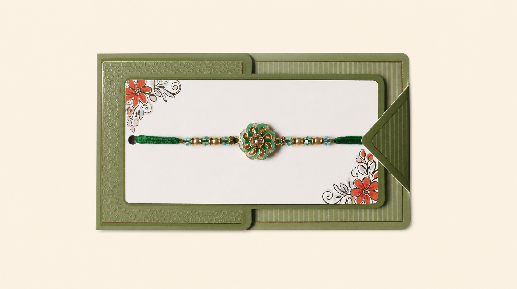 Floral Rosette Rakhi with Green Thread