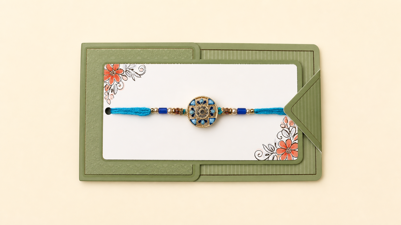 Lotus-Petal Mandala Rakhi with Blue thread