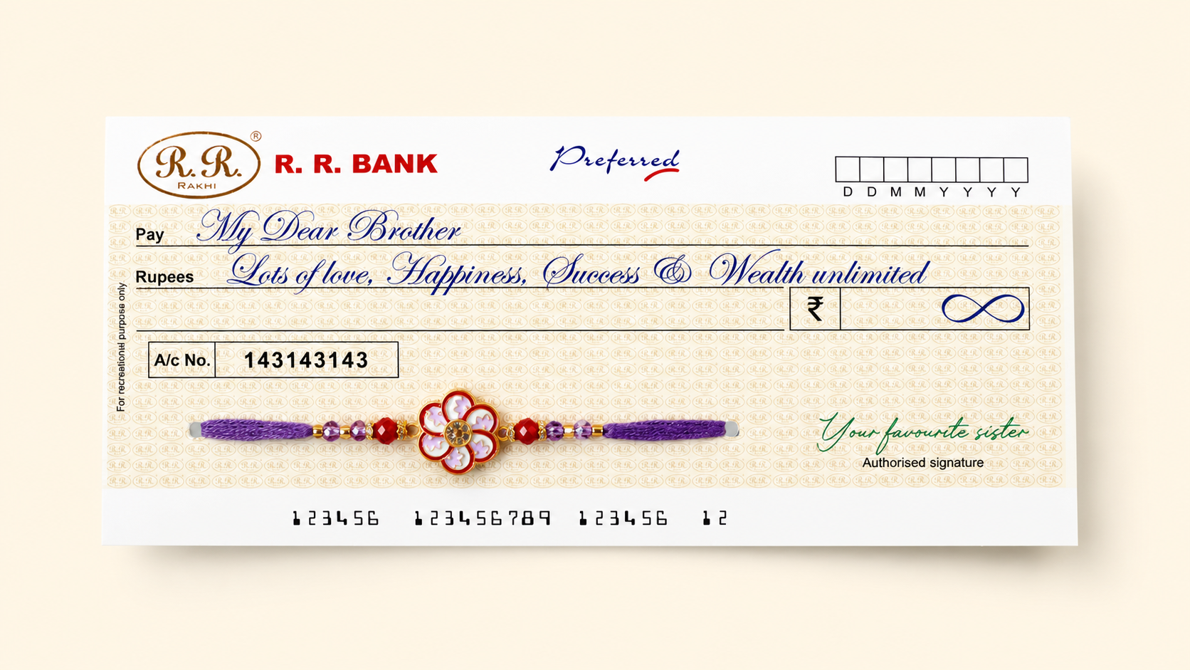 Cheque Themed Floral Rakhi with Purple Thread