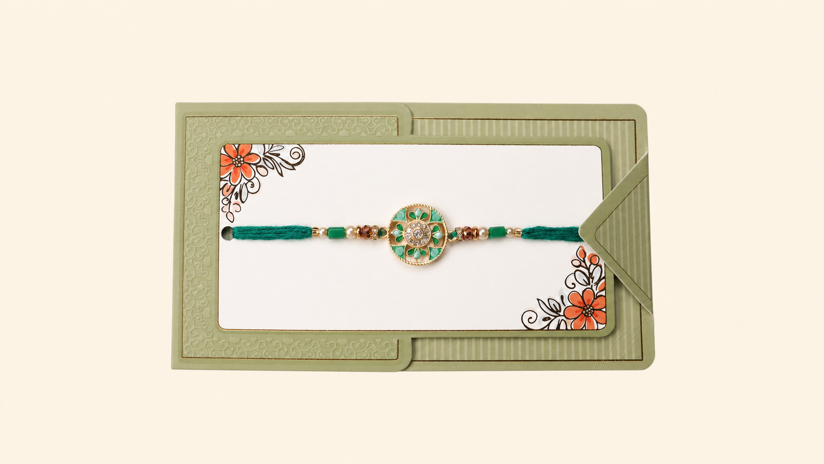 Lotus-Petal Mandala Rakhi with Green thread