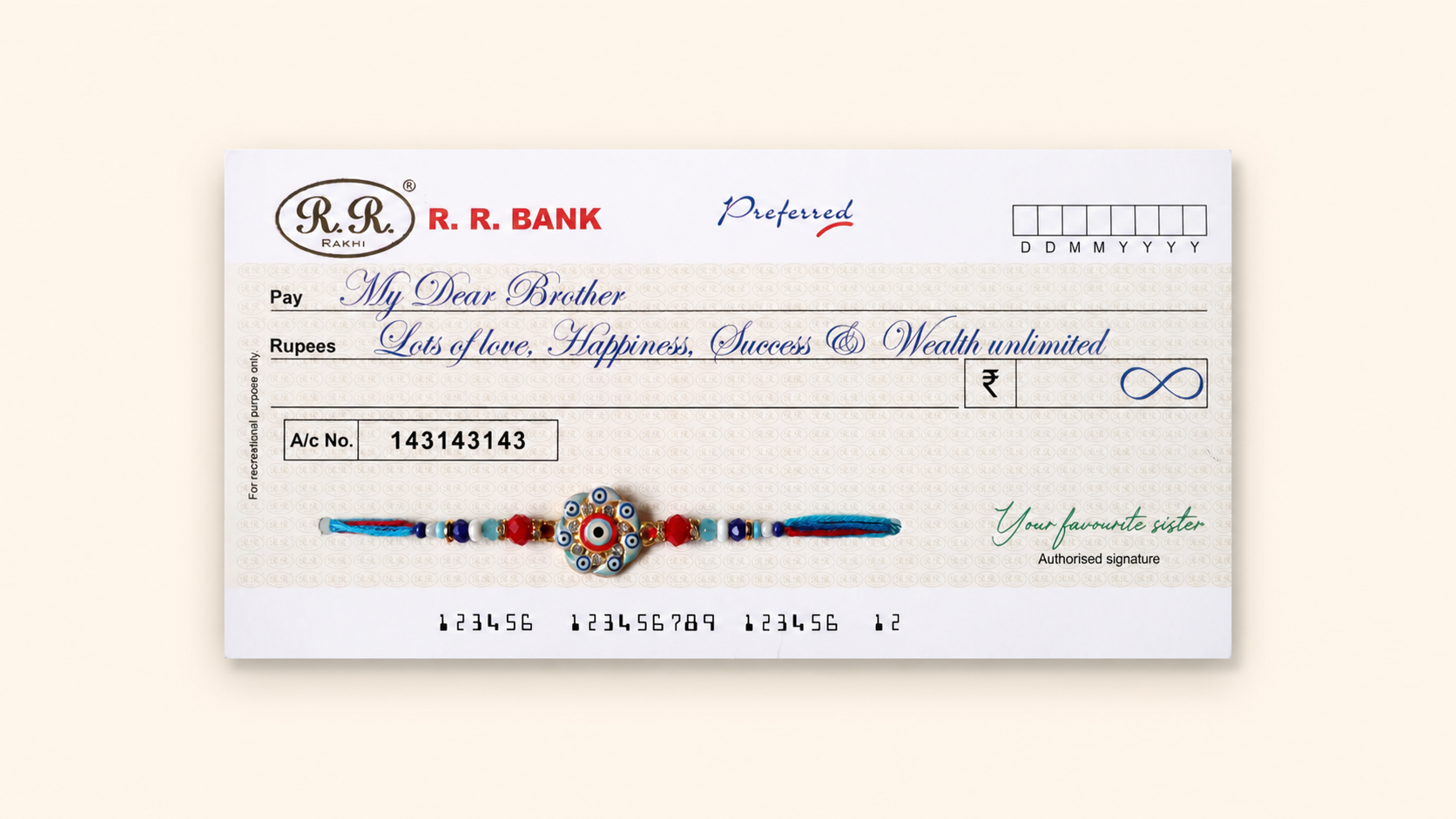 Cheque Themed Rakhi with Evil Eye