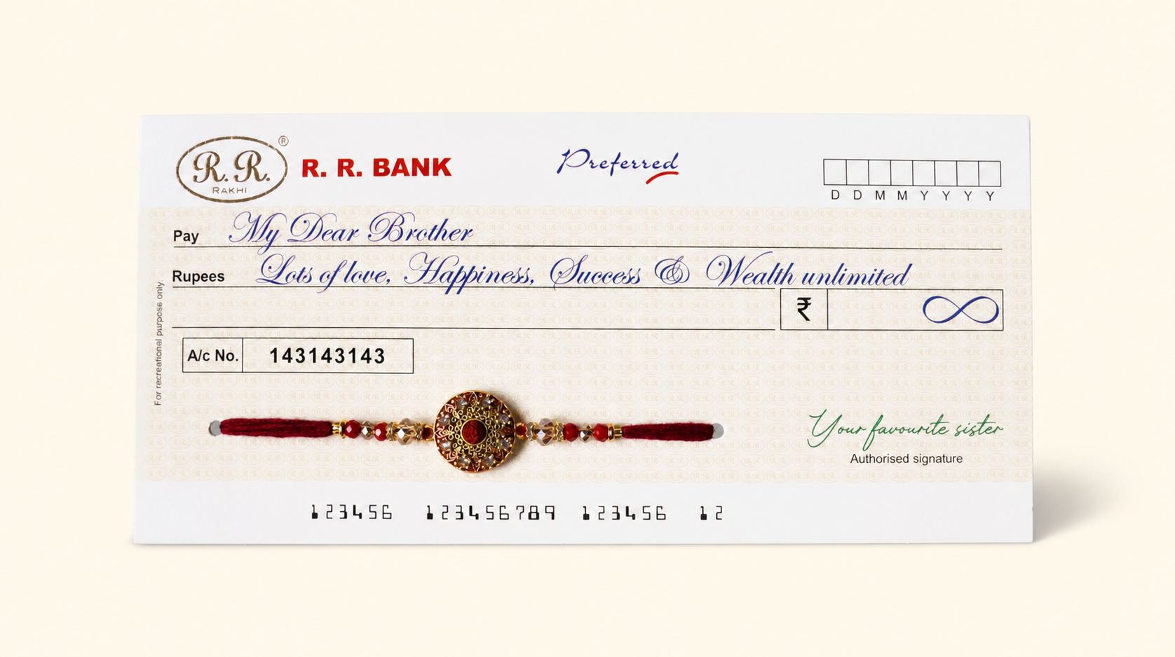 Cheque Themed Rakhi with Rudraksha