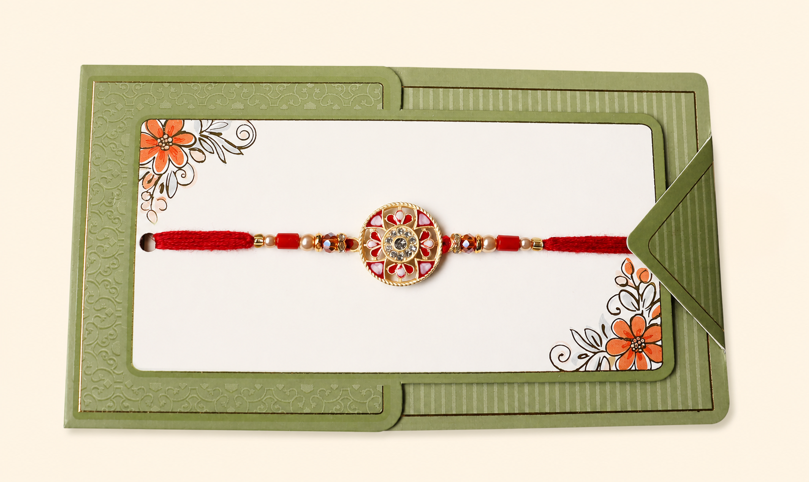 Lotus-Petal Mandala Rakhi with Red thread
